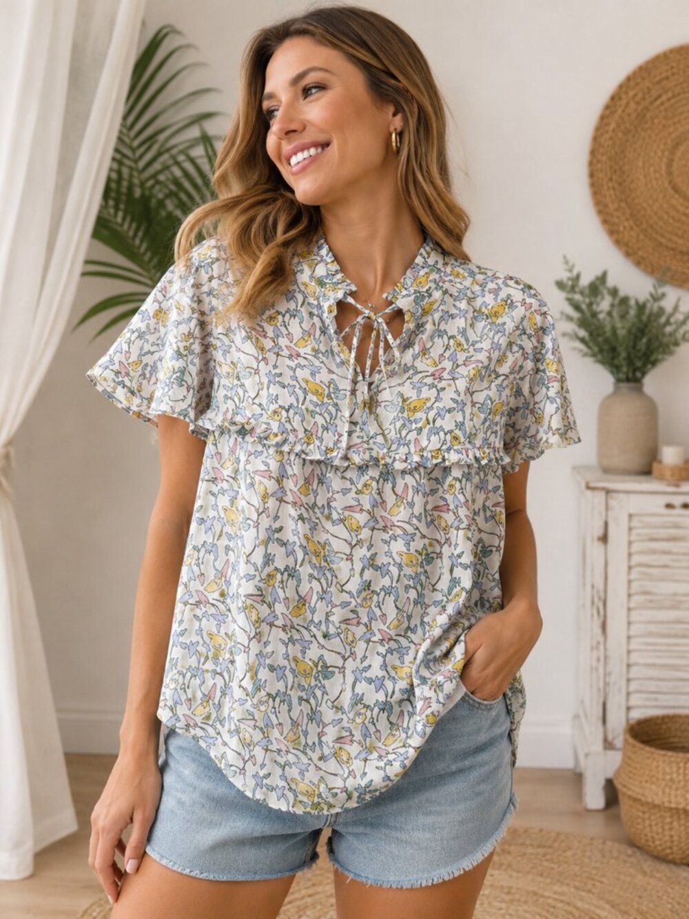 Hayden Floral Ruffle Blouse Large Flutter Sleeve Tie Neck Cottagecore 1071